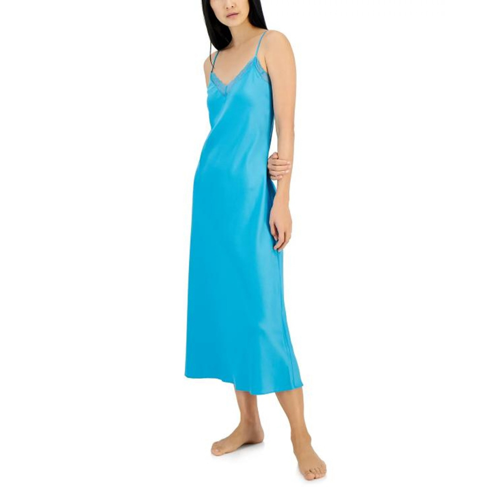 INC International Concepts Women's XS Blue Lace-Trim Long Satin Nightgown NWT